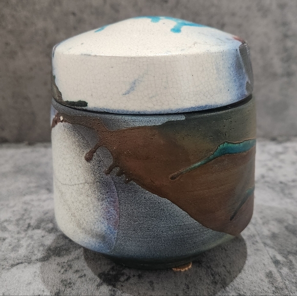 Vtg Handmade Ceramic Pottery Canister With Lid Abstract Art Splatter Decor OOAK - Picture 8 of 8